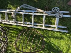 Extendable ladder and roofing hooks