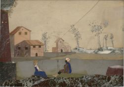 Florentinisch: 18. Jh. Campagna mit einem Paar am Fluss sitzend.