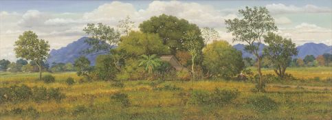 Acasio, Lino: Philippinische Landschaft mit Hütte und Büffelreiter