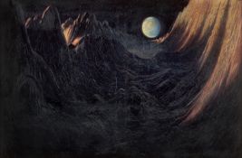 Kranz, Wilhelm: Ideale Mondlandschaft: Blick aus einem Mondkrater auf di...