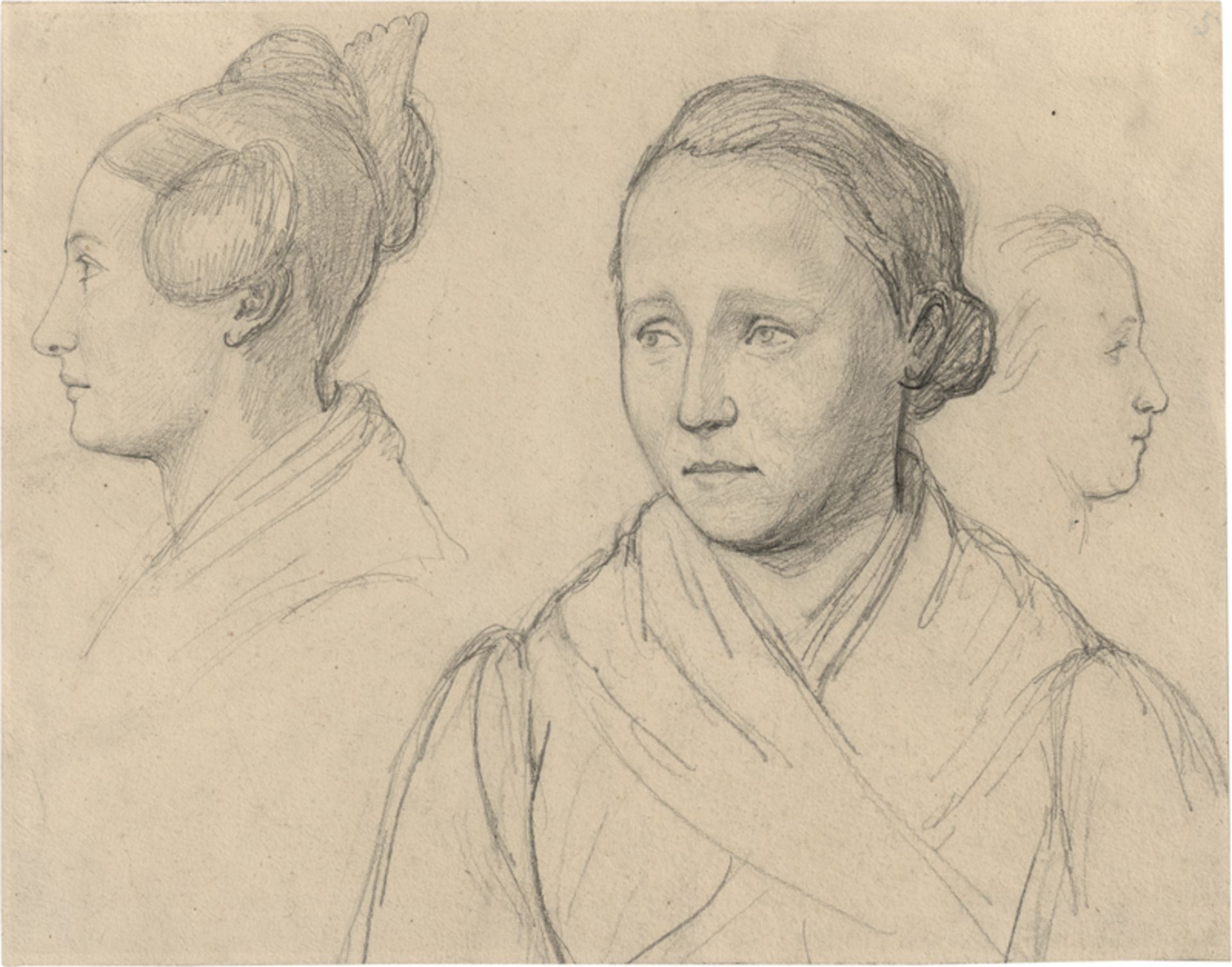 Wasmann, Friedrich: Studienblatt mit zwei weiblichen Portraits und einem Pro...
