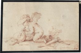 Schellenberg, Johann Rudolf: Amor mit Schirmmütze als Zeichner, mit seinem Pfeil ein ...