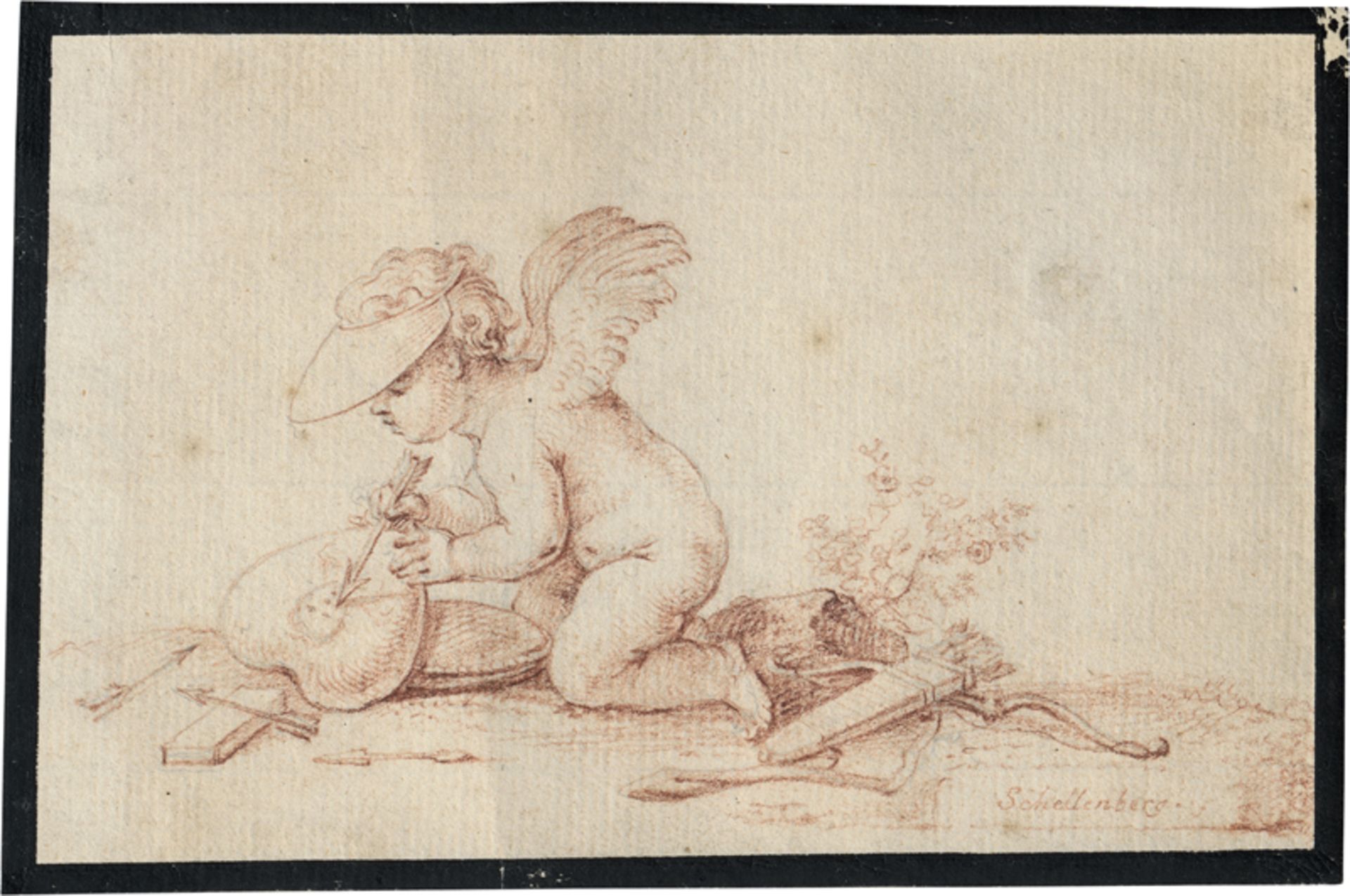 Schellenberg, Johann Rudolf: Amor mit Schirmmütze als Zeichner, mit seinem Pfeil ein ...