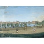 Deutsch: um 1820. Blick über den Mühlenteich auf Tilsit (Sowetsk)...