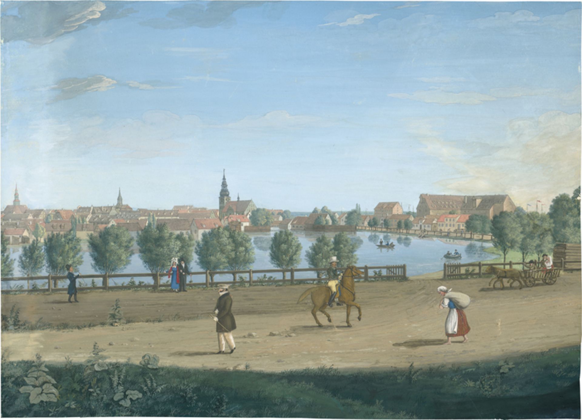 Deutsch: um 1820. Blick über den Mühlenteich auf Tilsit (Sowetsk)...
