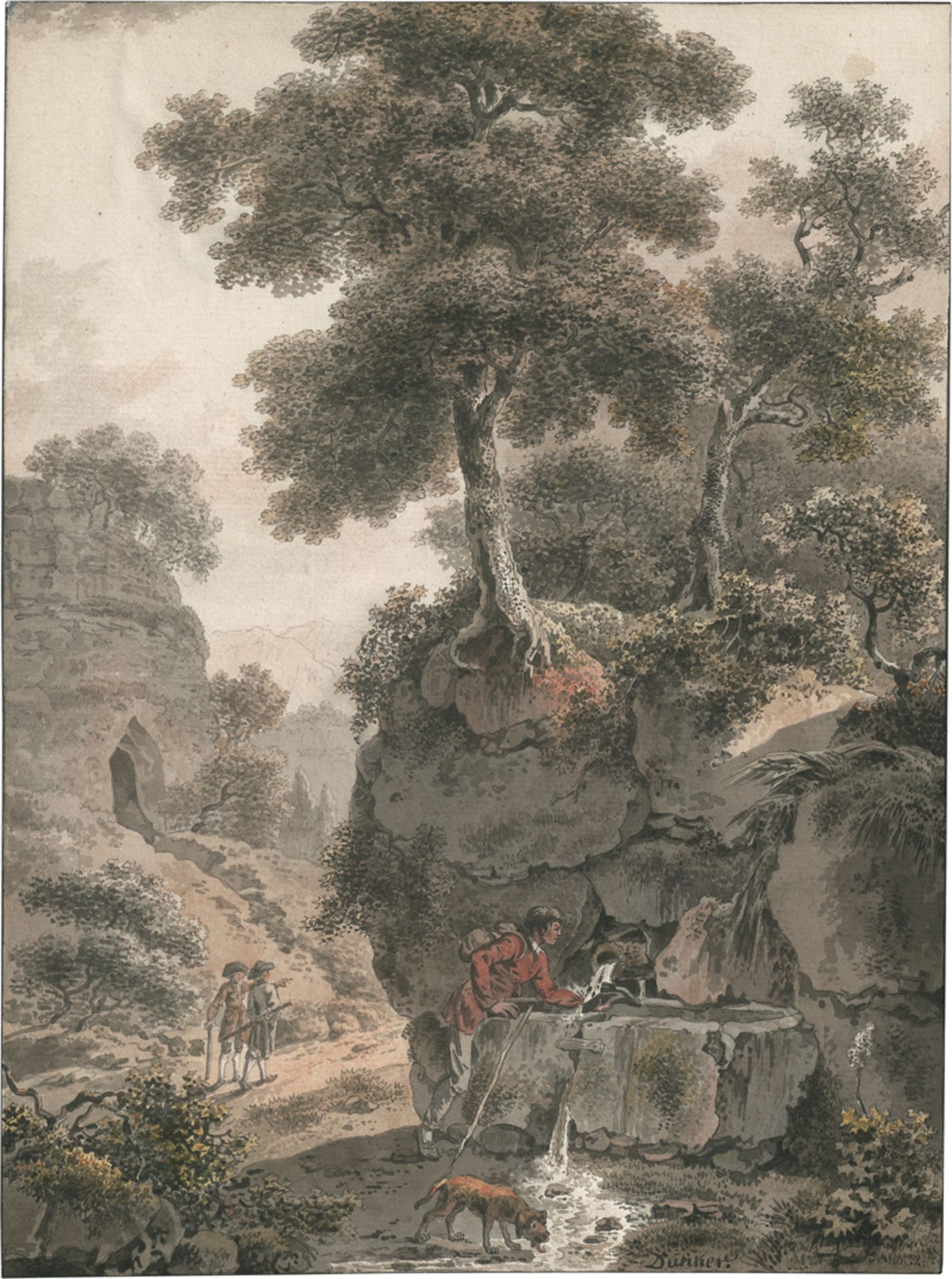 Dunker, Balthasar Anton: Gebirgslandschaft mit Wanderern bei einem Steinbrunnen