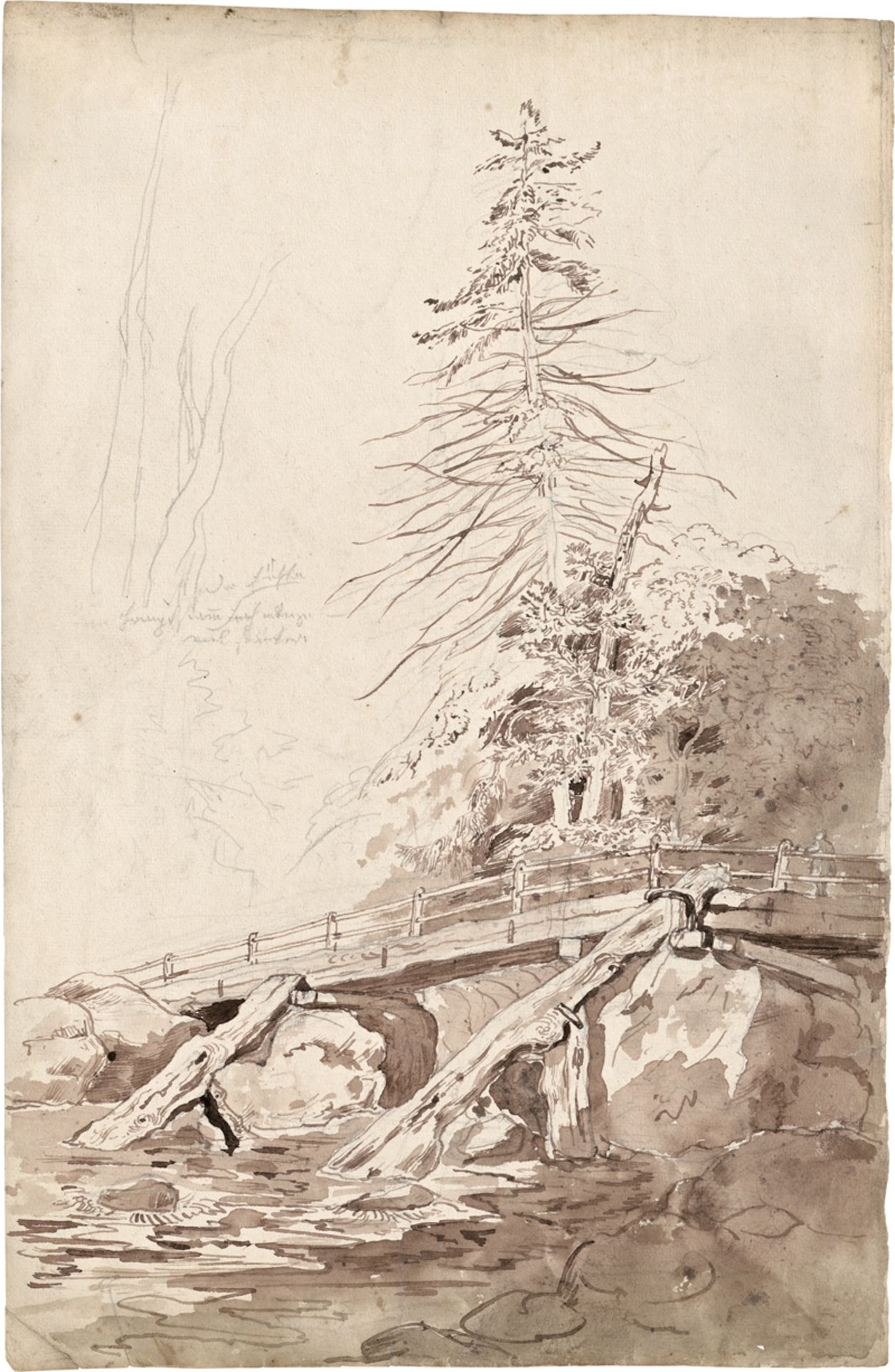 Wagner, Carl: Fichte an einer Holzbrücke