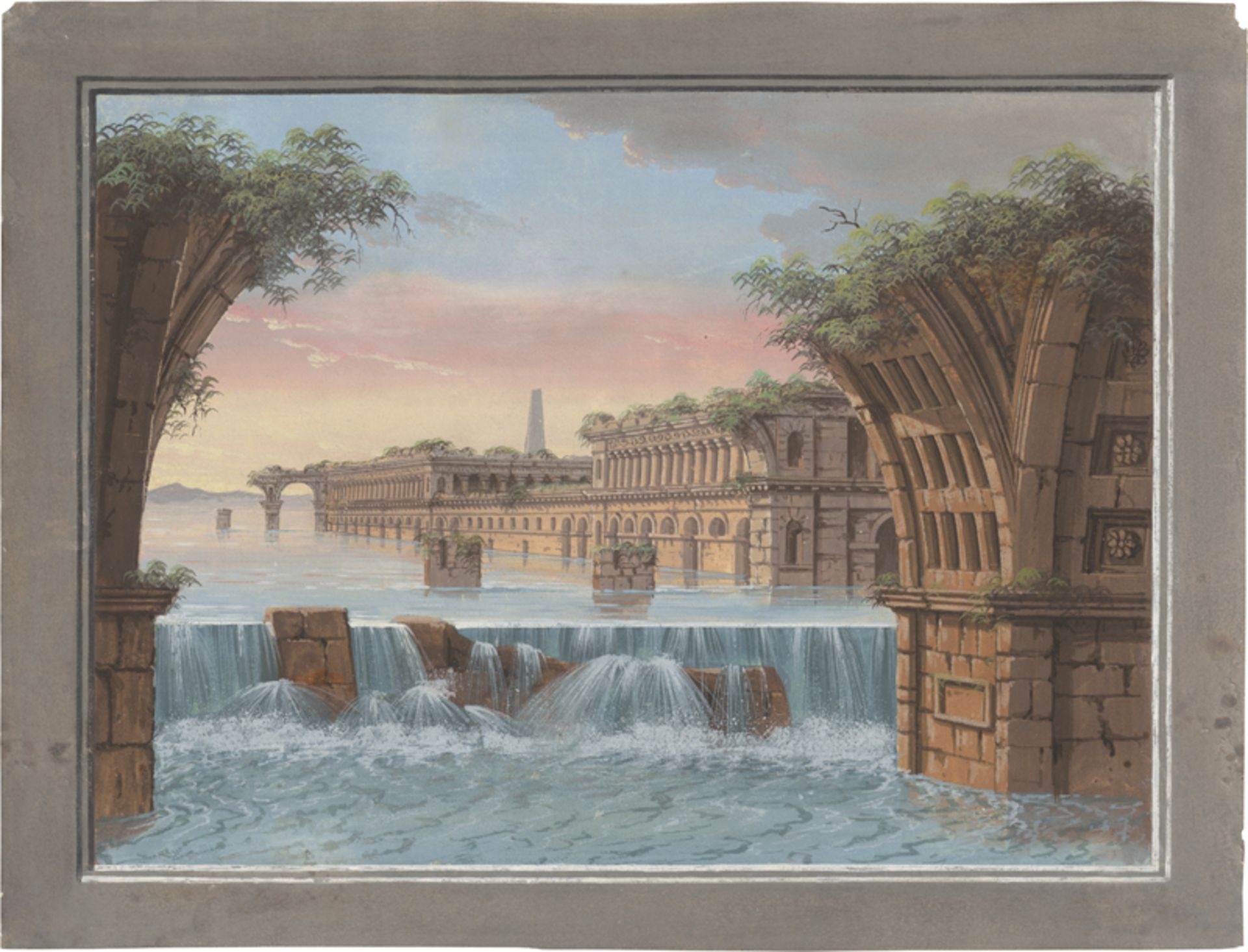 Italienisch: 19. Jh. Ruinencapriccio mit Wasserfall