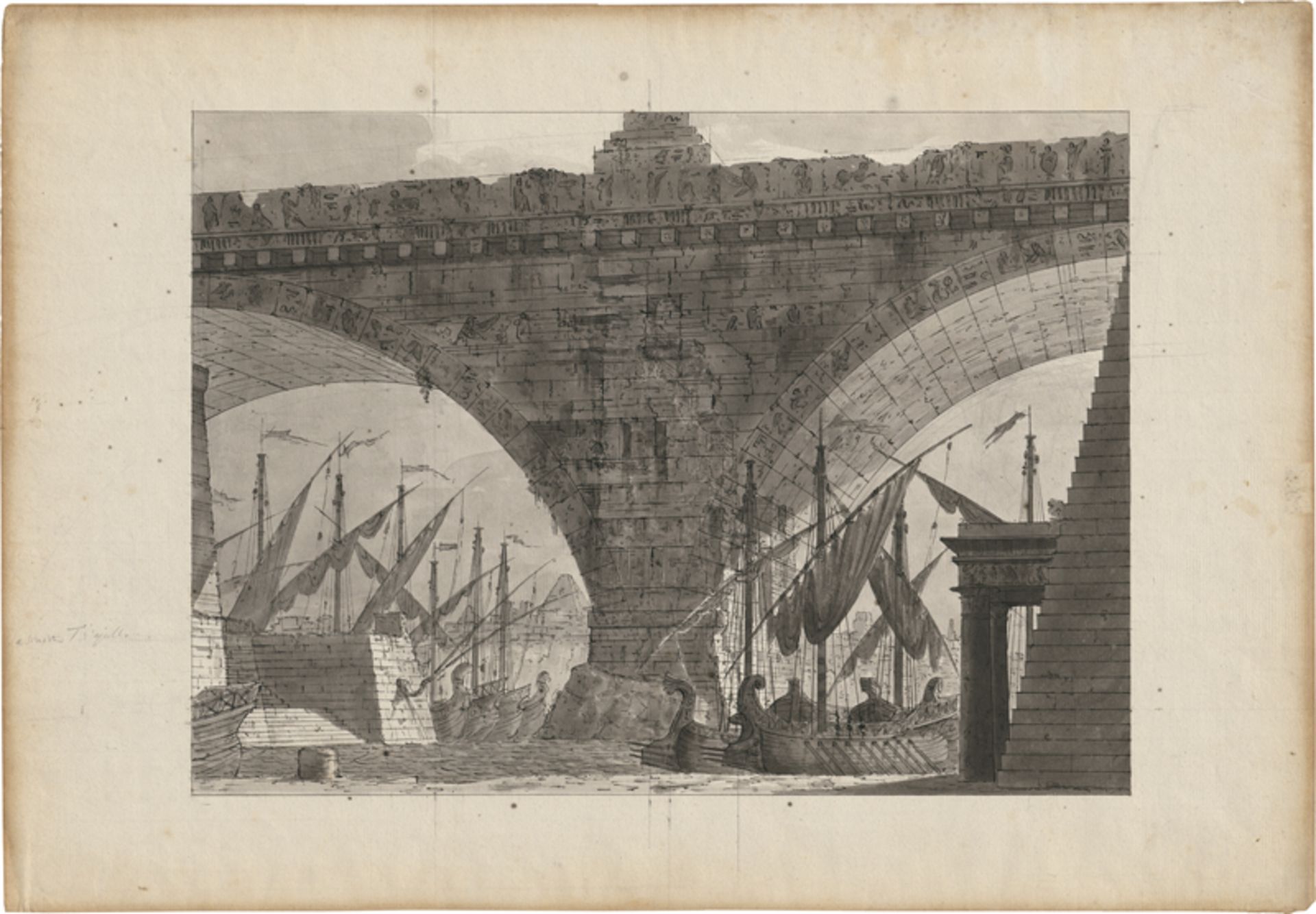 Galliari, Gaspare: Theaterprospekt mit Rundbogenbrücke, im Hintergrund ein ...