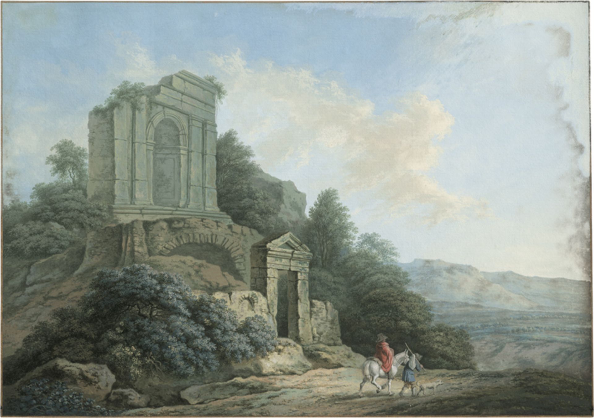 Deutsch: um 1790. Römische Campagna: Edelmann zu Pferde mit seine...