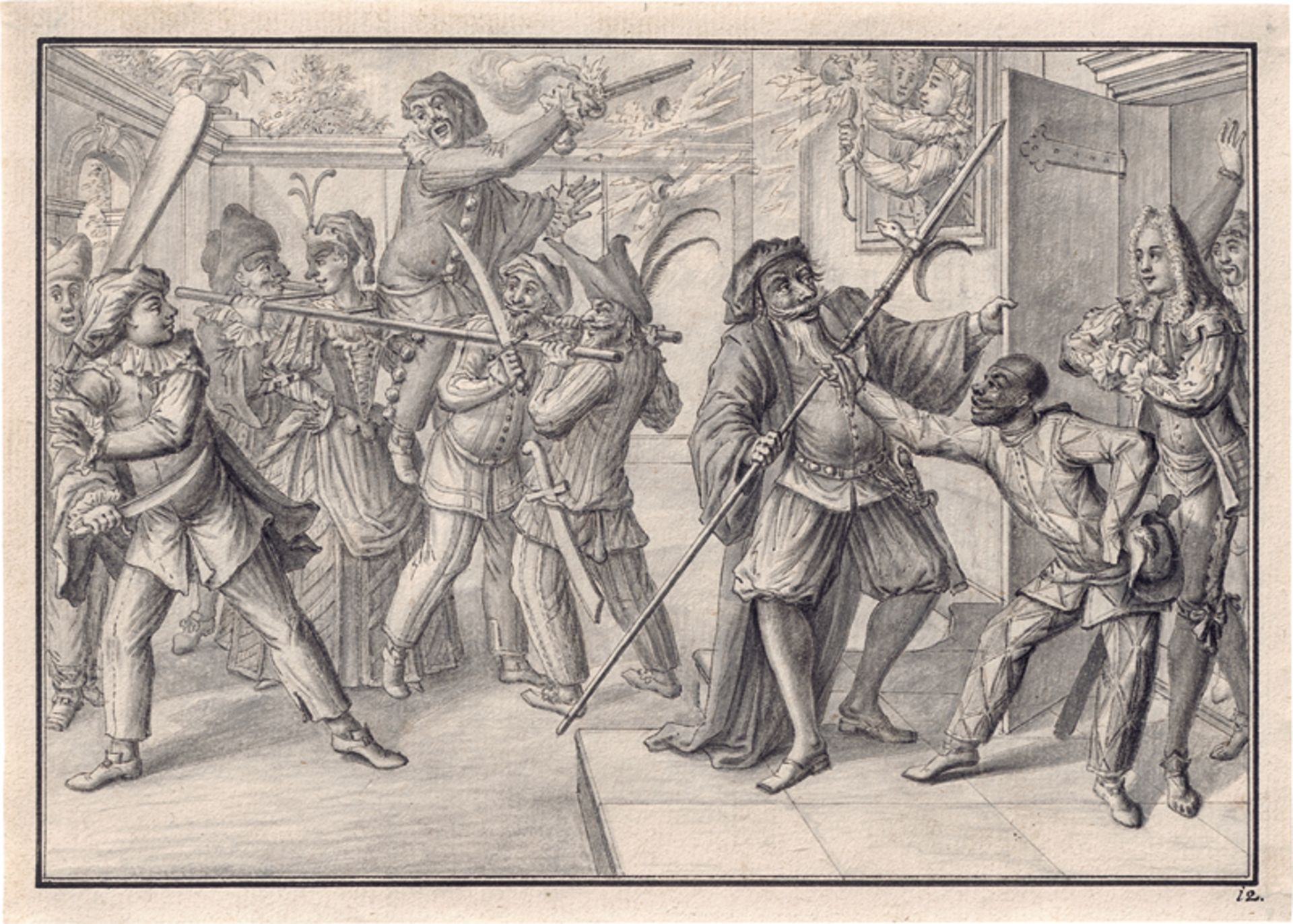 Schübler, Johann Jakob: Drei Szenen aus der Commedia dell'Arte - Bild 3 aus 3