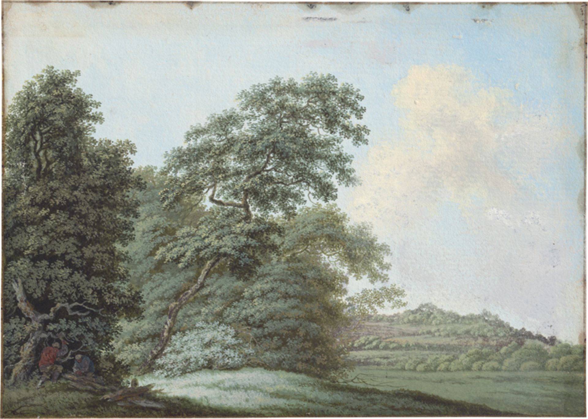 Deutsch: um 1760. Hügelige Landschaft mit zwei Holzfällern; Fluss... - Bild 2 aus 2