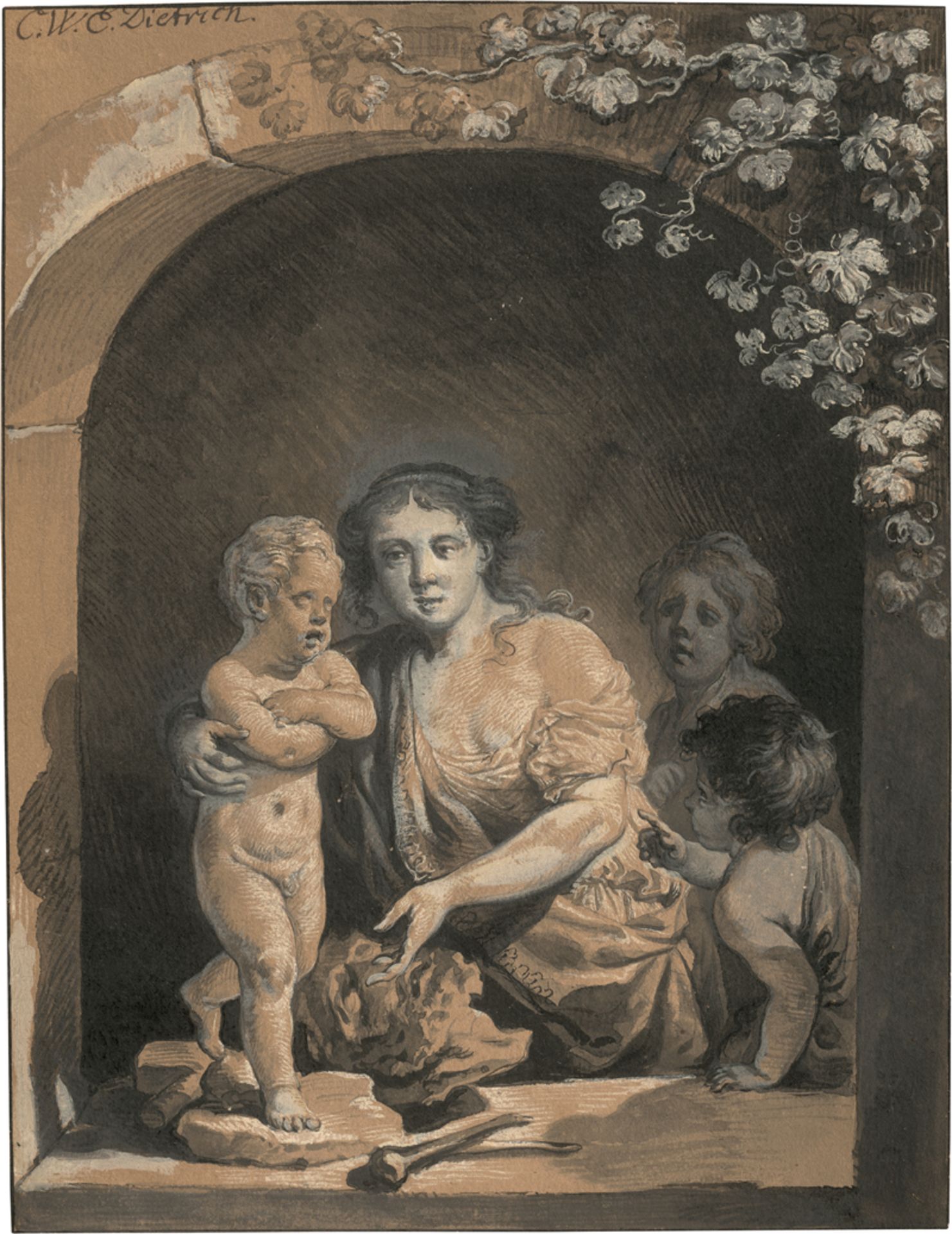 Dietrich, Christian Wilhelm Ernst: Allegorie auf die Bildhauerei: Frau mit Skulptur und zwe...