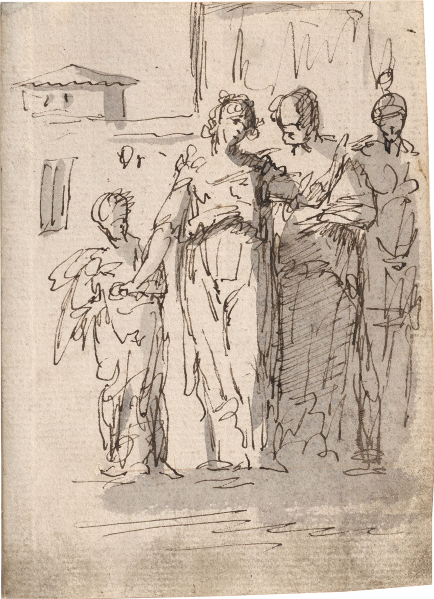Venezianisch: 18. Jh. Vier stehende Figuren in antiken Gewändern, daru...