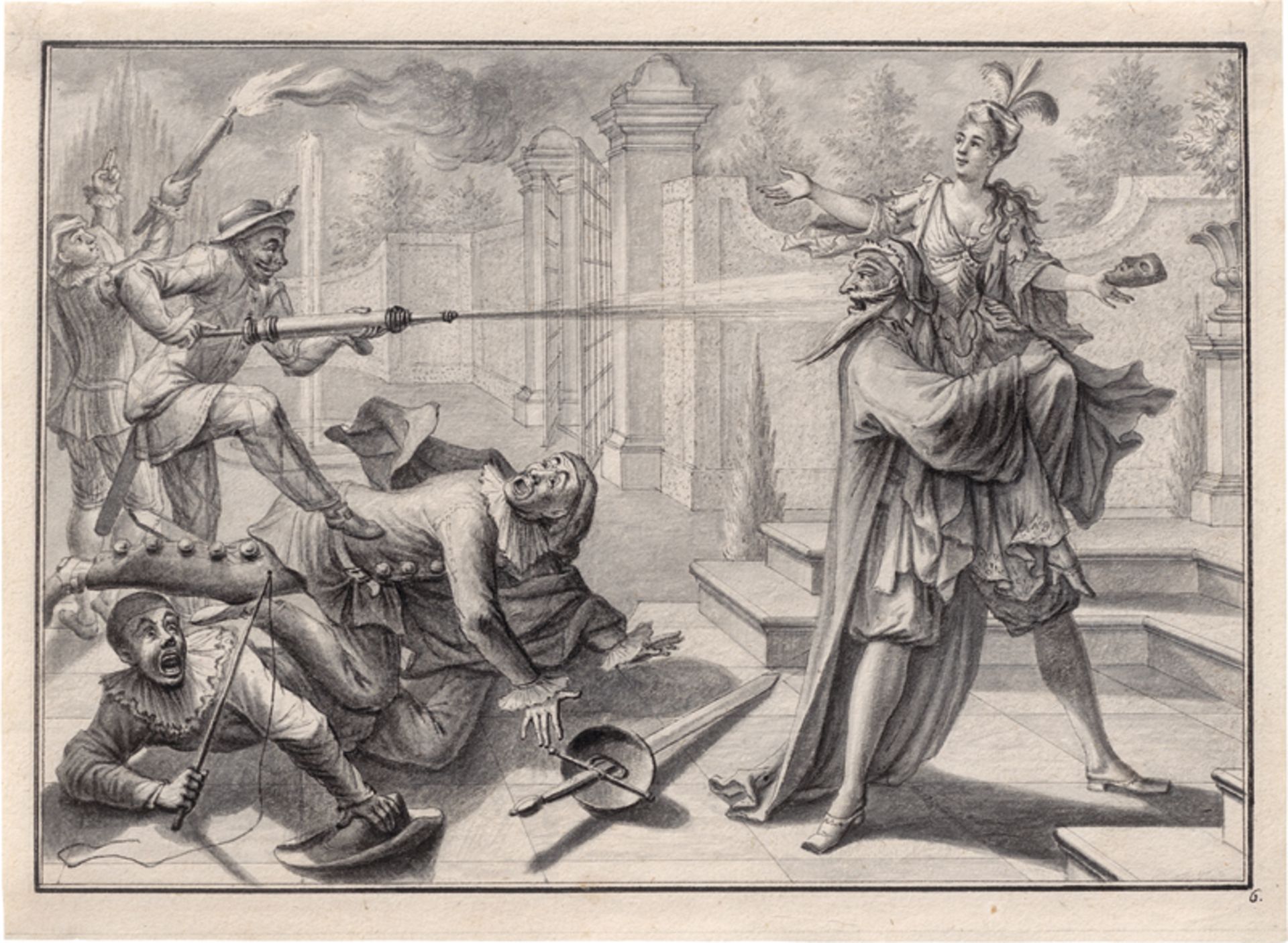 Schübler, Johann Jakob: Drei Szenen aus der Commedia dell'Arte - Bild 2 aus 3