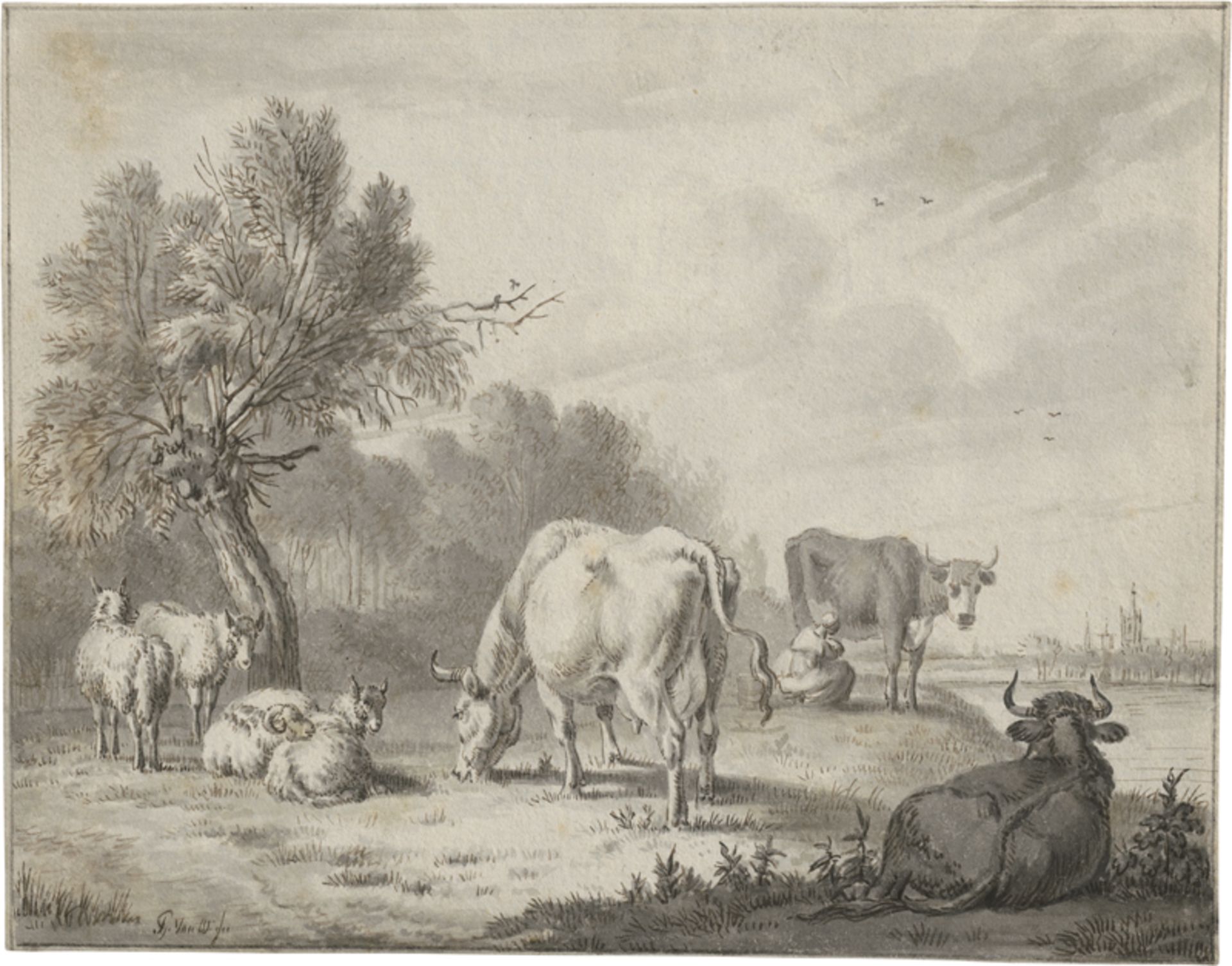 Os, Pieter Gerardus van: Bäuerin mit Kühen und Schafen am Fluß