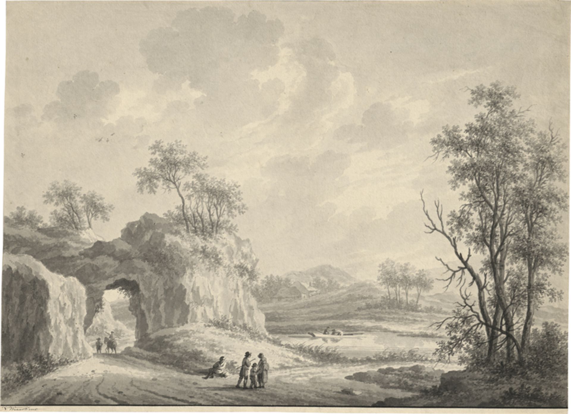 Wicart, Nicolaas: Weite Flusslandschaft mit Wanderern