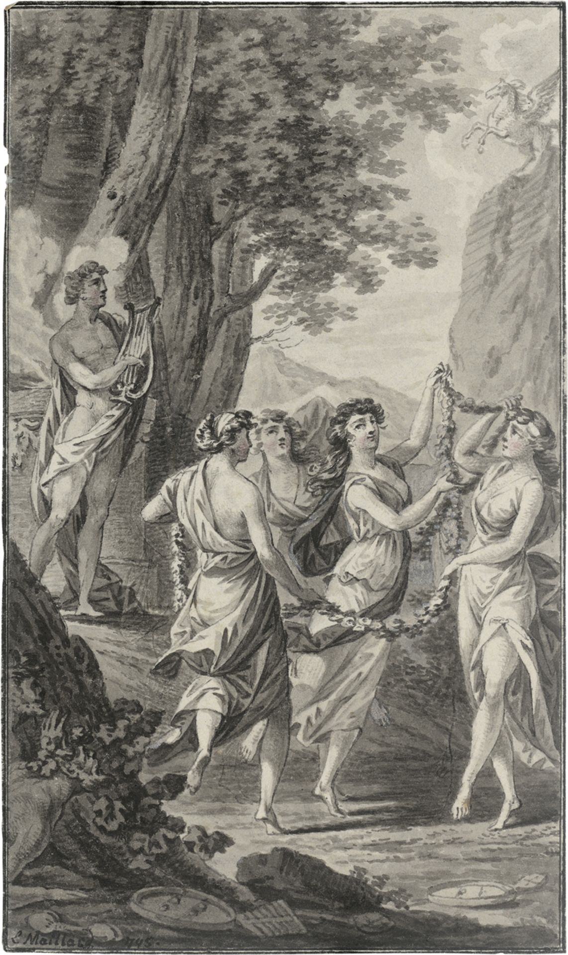 Maillard, L.: Arkadische Landschaft mit Musenreigen, Zeus und Pegasos
