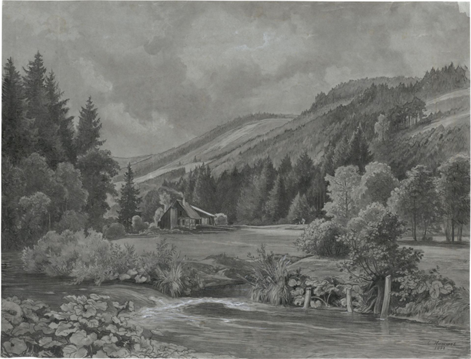 Hummel, Carl Maria Nikolaus: Thüringische Landschaft bei Rastenberg mit einem Gehöft ...