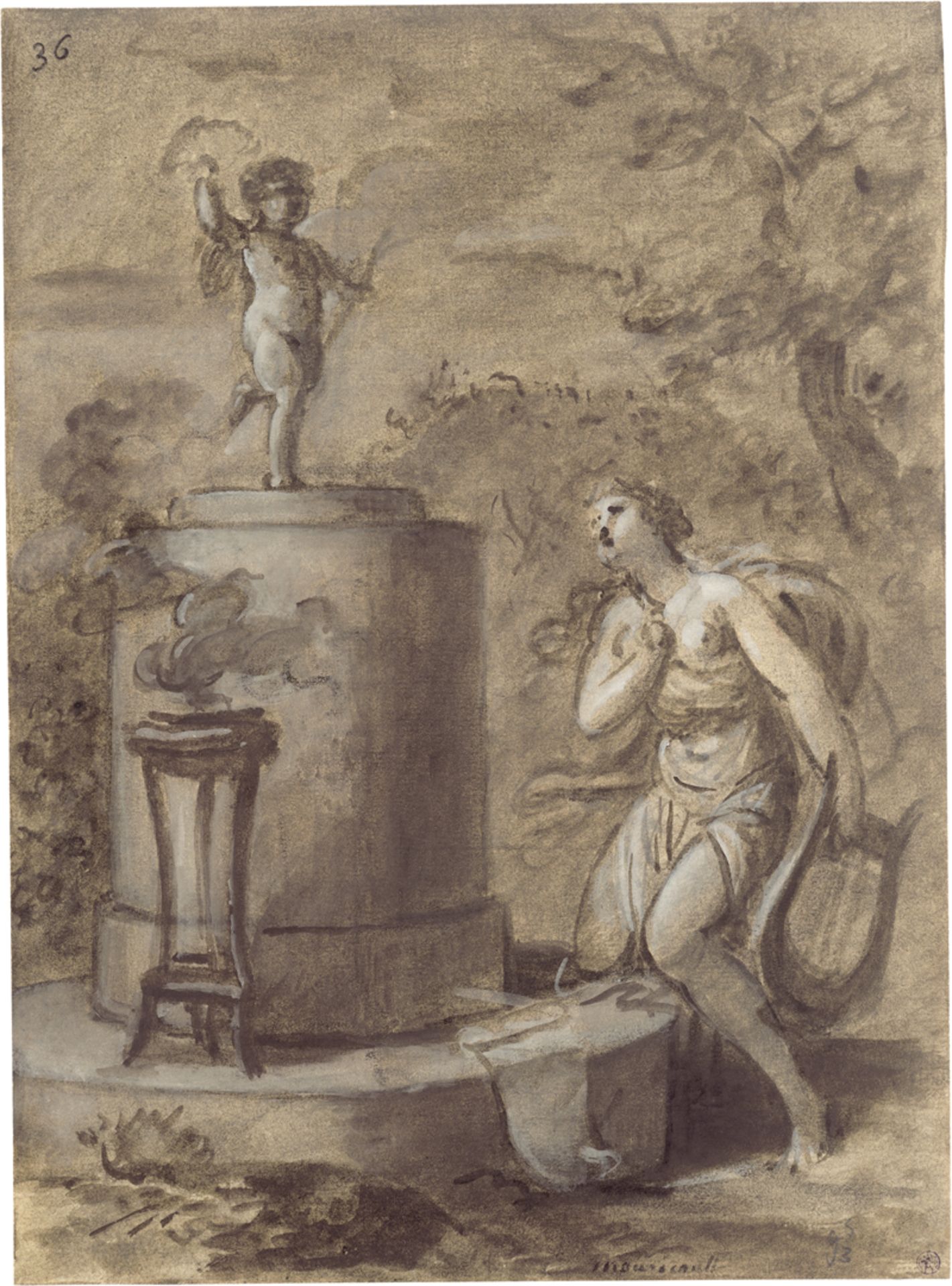 Mouricault, Thomas-Laurent: Lyraspielerin am Altar, Amor ein Rauchopfer darbringend