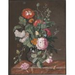 Deutsch: 18. Jh. Blumenbouquet mit Mohn und Rosen in einer Glasva...