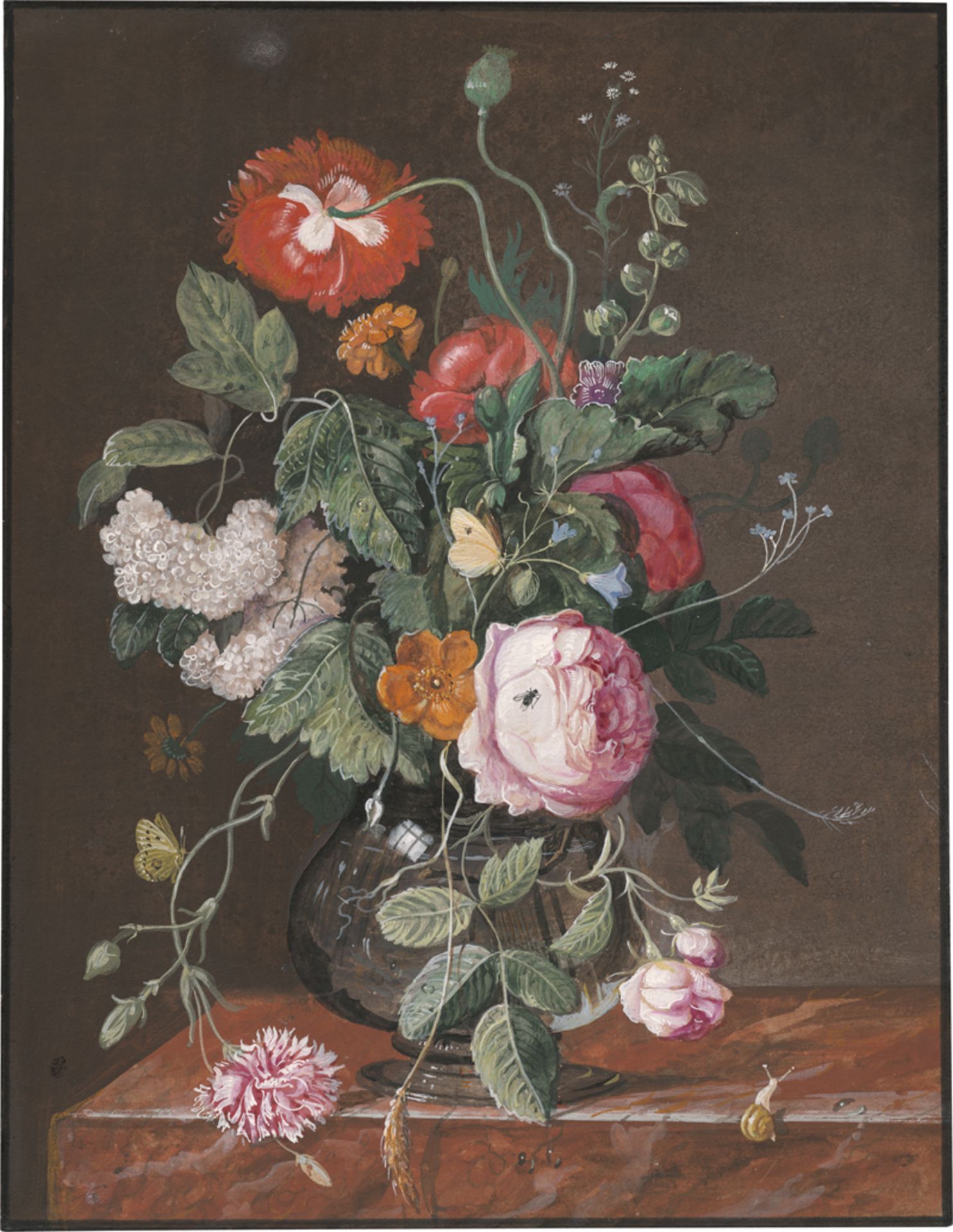 Deutsch: 18. Jh. Blumenbouquet mit Mohn und Rosen in einer Glasva...