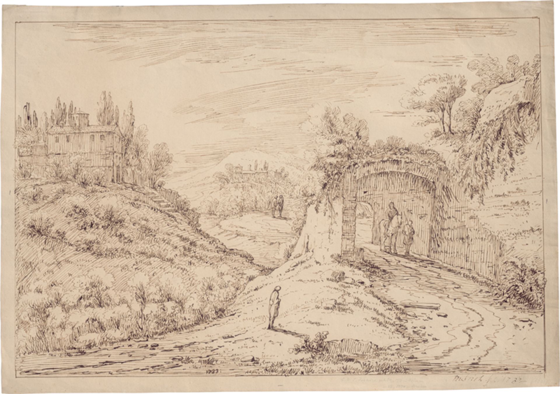 Dietrich, Christian Wilhelm Ernst: Italianisante Landschaft mit einzelnen Gehöften und Staf...