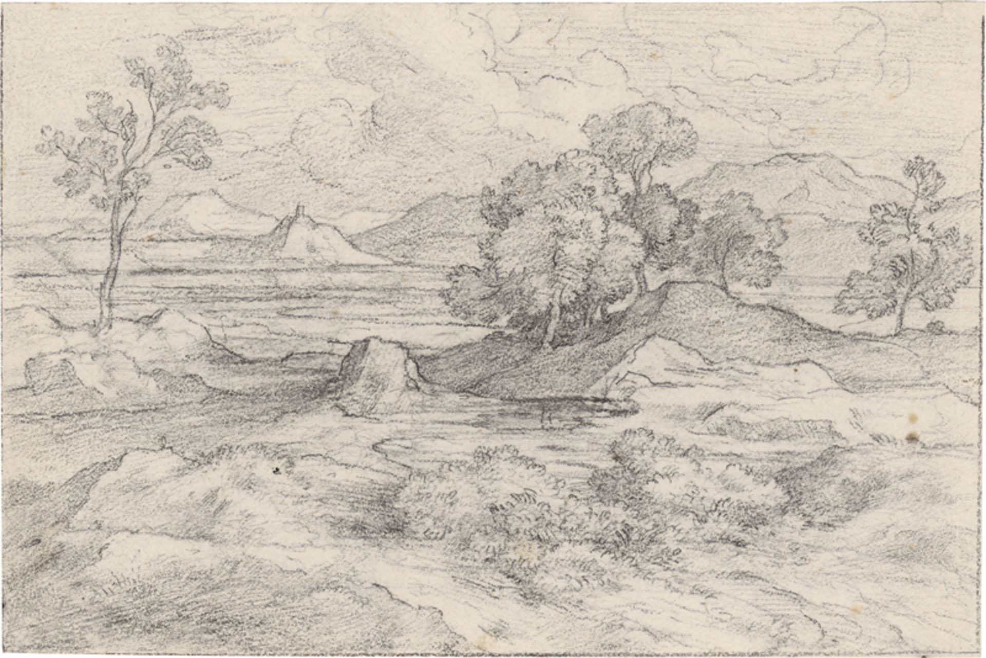Olivier, Ferdinand: Weite Landschaft mit Gebirgszug und Baumgruppen