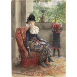 Skarbina, Franz: Bildnis einer eleganten Dame und ihrer Tochter auf einer...