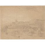 Schirmer, Johann Wilhelm: Flusslandschaft mit kleiner Burg, im Vordergrund ein Dor...