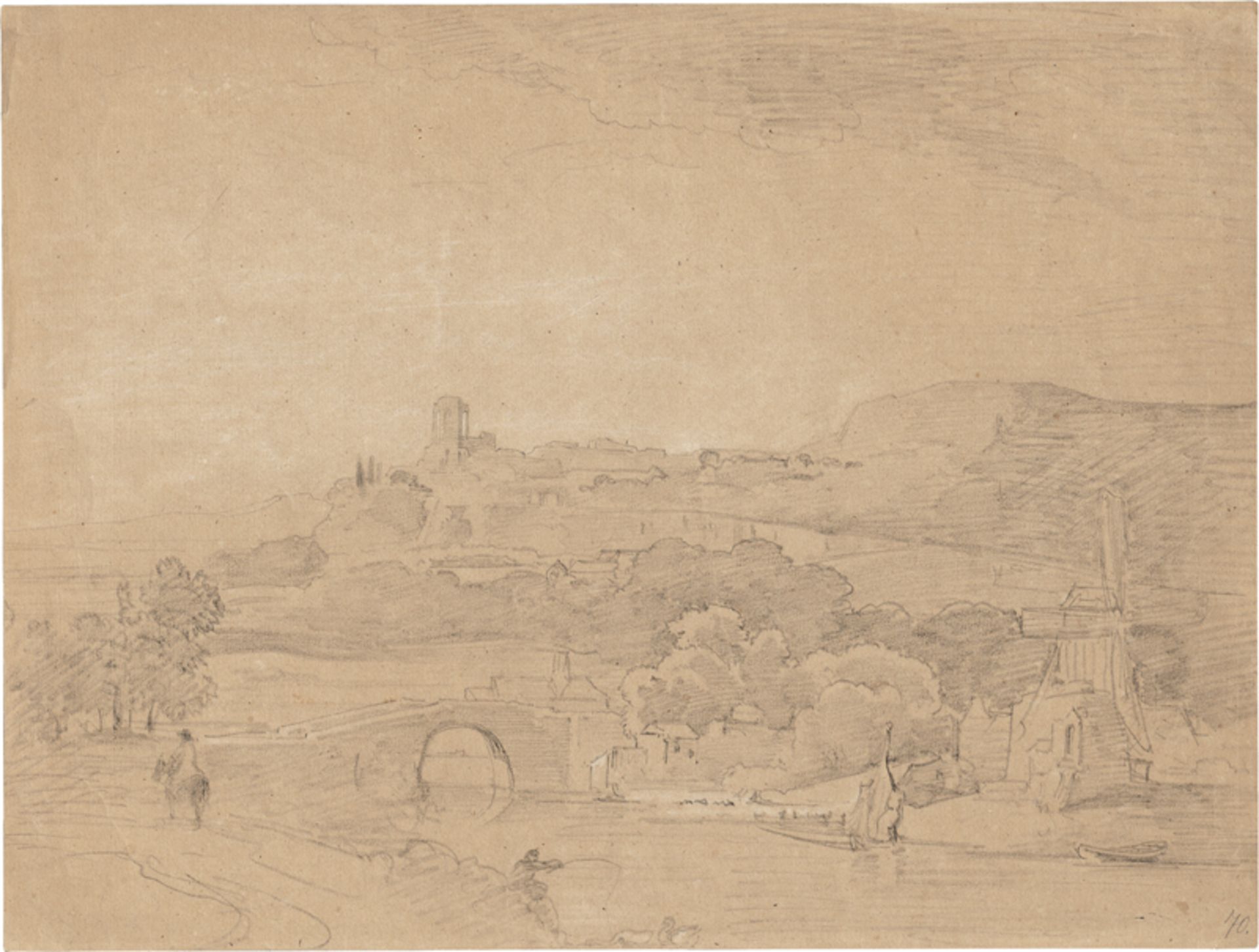 Schirmer, Johann Wilhelm: Flusslandschaft mit kleiner Burg, im Vordergrund ein Dor...