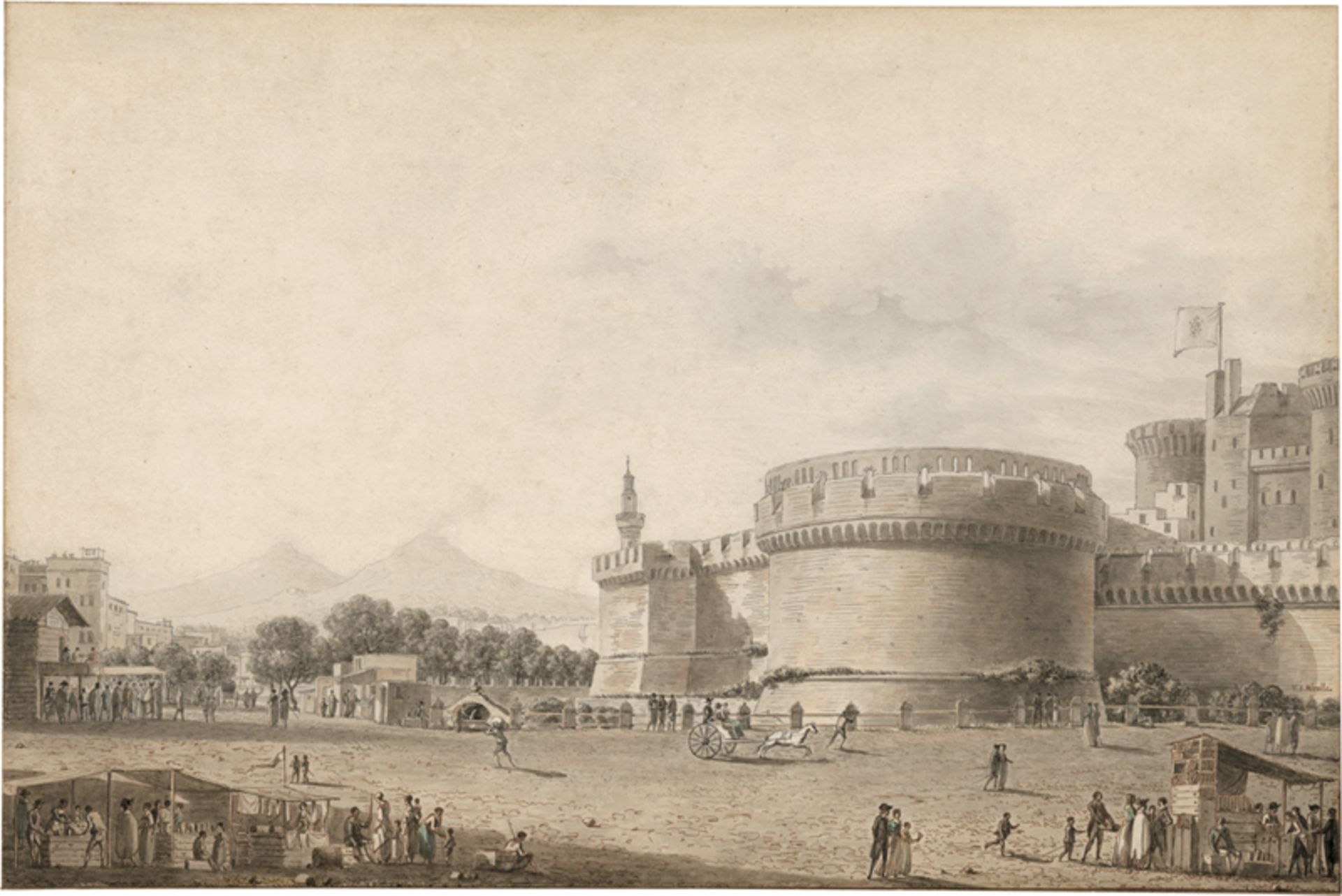 Nicolle, Victor Jean: Der belebte Largo di Castello mit dem Castel Nuovo in Ne...