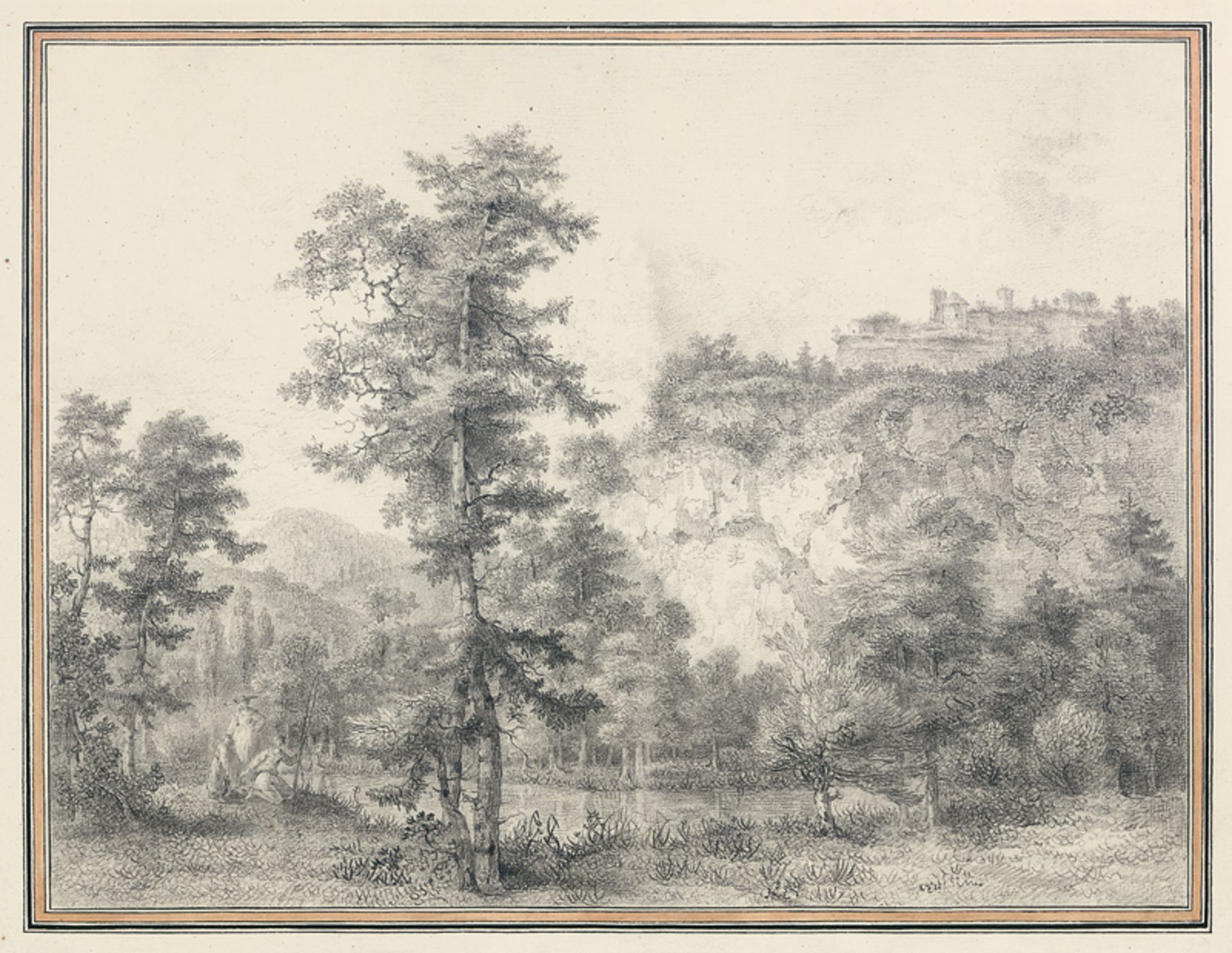 Thiele, Johann Alexander - zugeschr...: Elbtallandschaft mit rastender Anglerfamilie, im Hinterg...