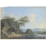 Deutsch: um 1760. Hügelige Landschaft mit zwei Holzfällern; Fluss...
