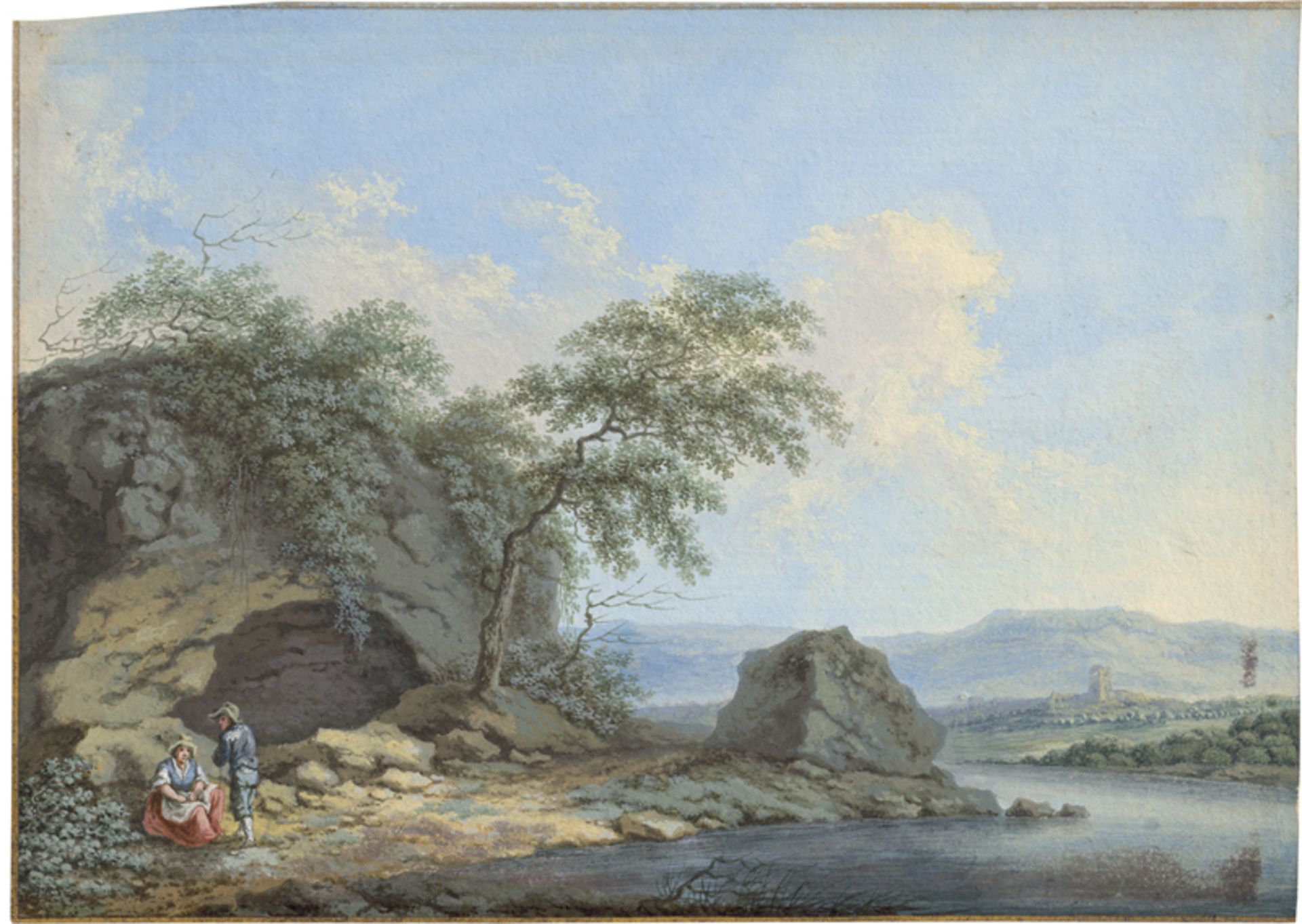 Deutsch: um 1760. Hügelige Landschaft mit zwei Holzfällern; Fluss...