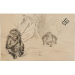 Französisch: 19. Jh. . Kleiner Orang-Utan mit Brille, ein Schild mit ...