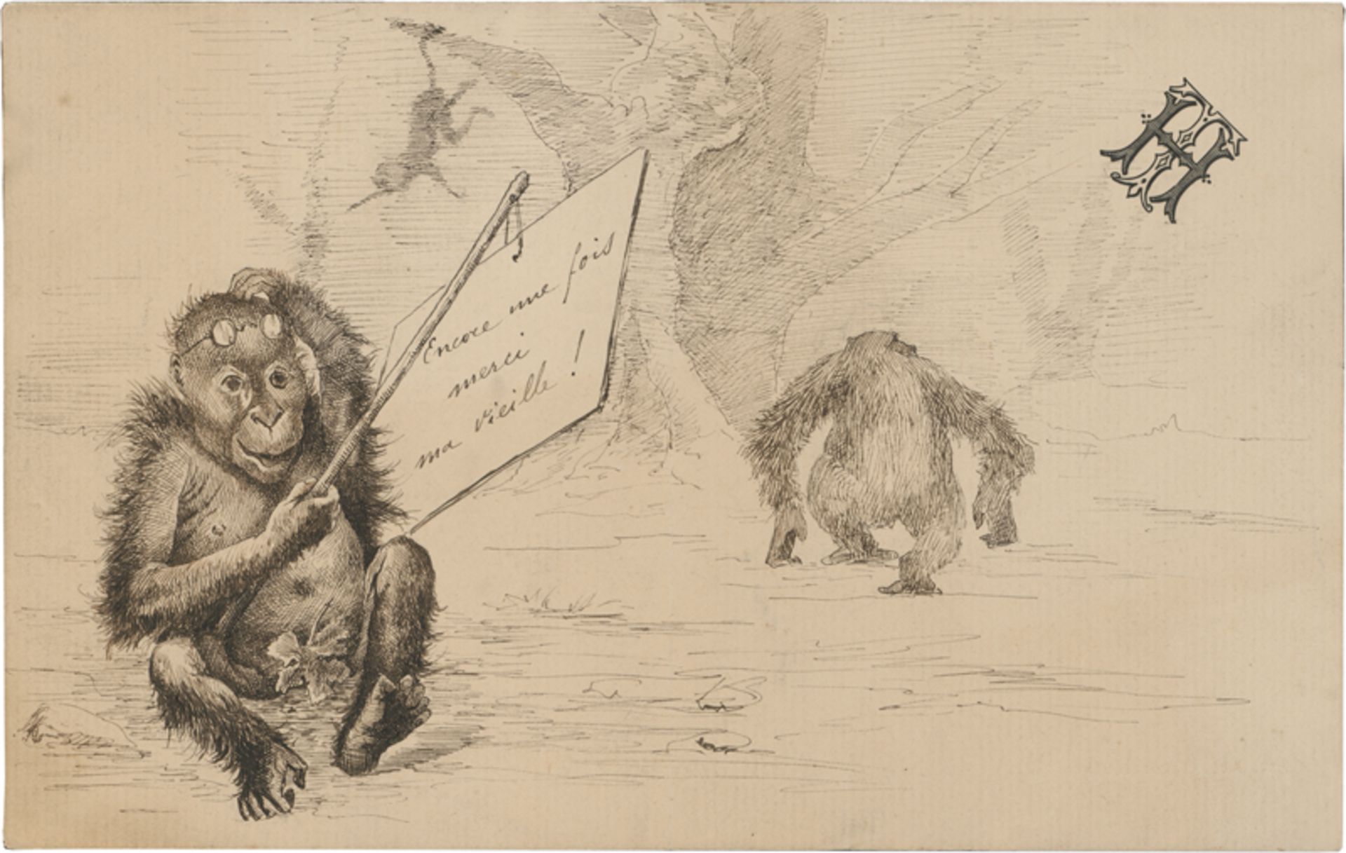 Französisch: 19. Jh. . Kleiner Orang-Utan mit Brille, ein Schild mit ...