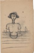 Rainer, Arnulf: Surrealistische weibliche Halbfigur vor minimalistischer...