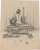 Rainer, Arnulf: Weibliches Aktmodell, Tisch, Staffelei