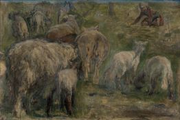 Koch-Stetter, Dora: Norddeutsche Landschaft mit Schafen und Feldarbeiterin