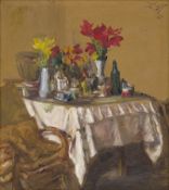 Meidner, Ludwig: Weiß gedeckter Tisch mit Blumen