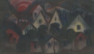 Arnold, Christian: Dorf im Sonnenuntergang; Blühender Baum