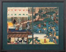 A diptych of Japanese woodblock prints by Utagawa Yoshiiku [1833-1904] titled 'The Okamoto House in
