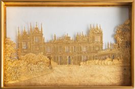 A rectangular gilt metal and glass tray depicting Mentmore, probably Continental,