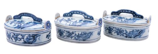 A group of three Chinese 'Nanking Cargo' blue and white butter tubs and covers,