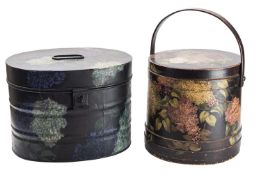A Victorian painted pine pail and cover, late 19th century; of banded cylindrical form,