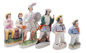 Ten Staffordshire pottery figures, comprising two versions of William Wallace, Robert Bruce,