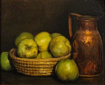 B Svoboda (20th Century European school) - Still life study of apples in a basket and a copper jug