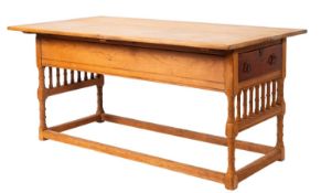 A Victorian pine kitchen table in arts and crafts style, purportedly designed by William Morris,