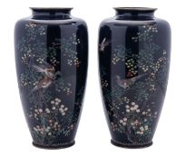 A pair of Japanese cloisonné vases, Meiji period of slender ovoid form,